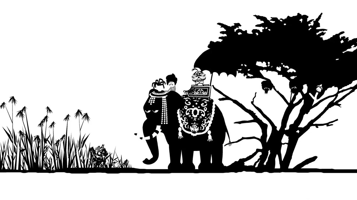 Bo with a decorated elephant and maharaja under a bamboo grove in India