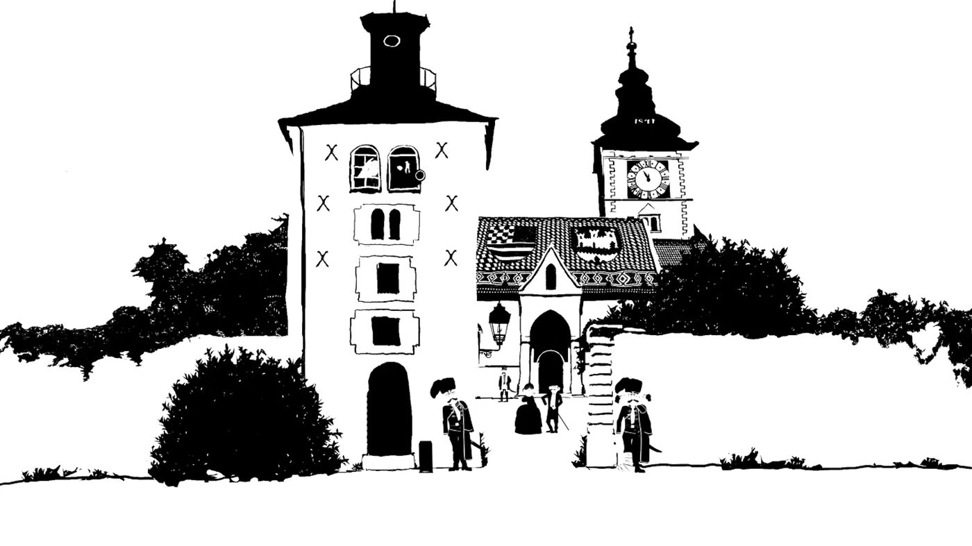 Bo at Zagreb's Upper Town with the Lotrščak tower and palace guards