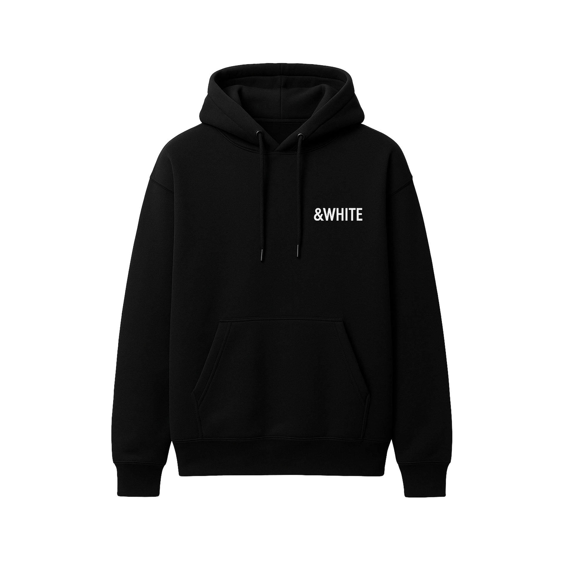 Black hoodie with white &WHITE chest print mockup