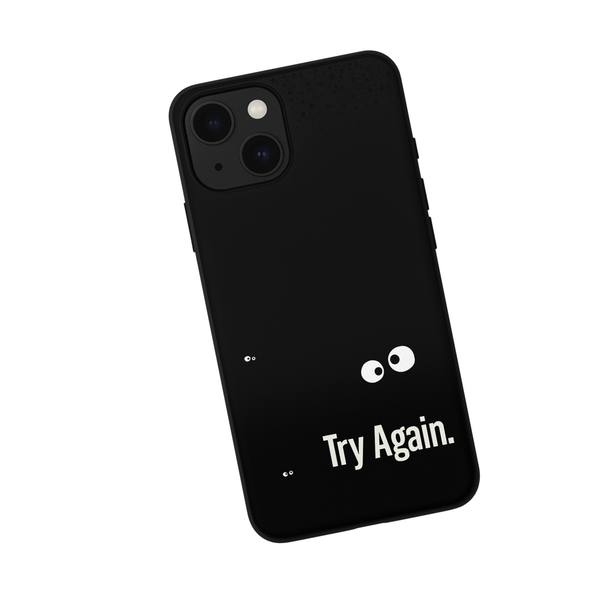 Black phone case with peeking eyes and Try Again wordmark mockup
