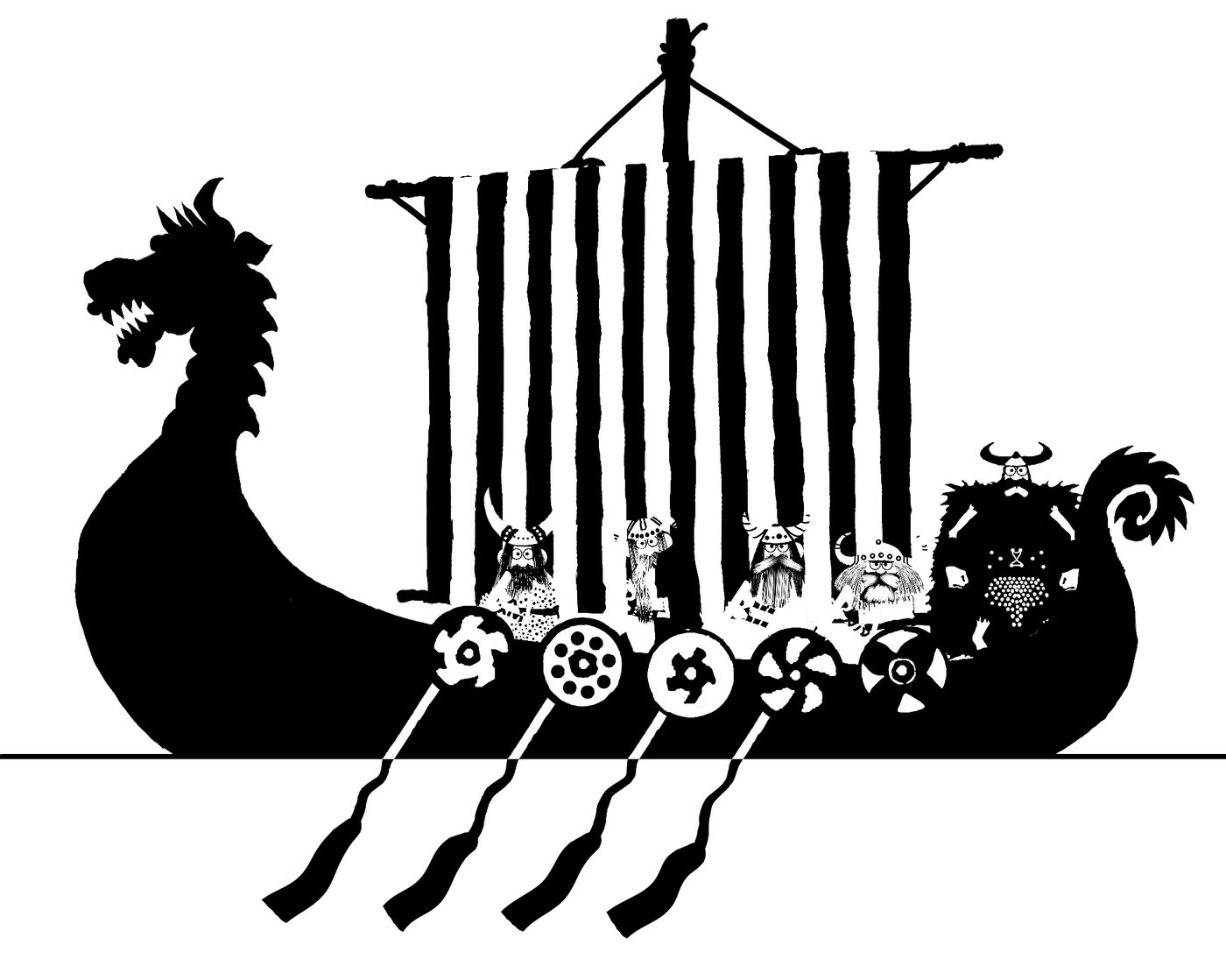 Bo aboard a Viking longship with a striped sail and dragon prow