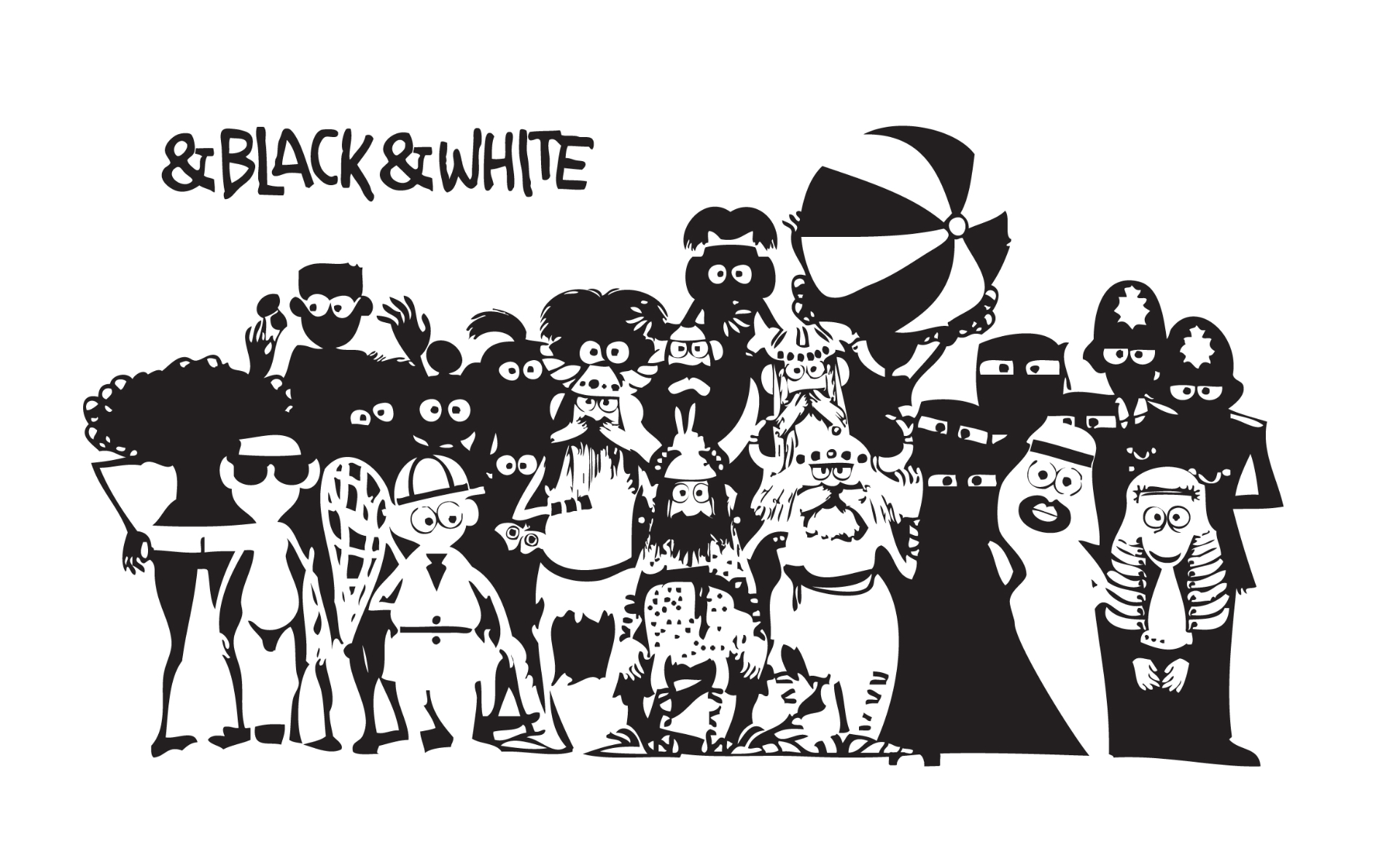 Silhouette line-up of the &Black&White cast — Bo surrounded by absurd black-and-white characters