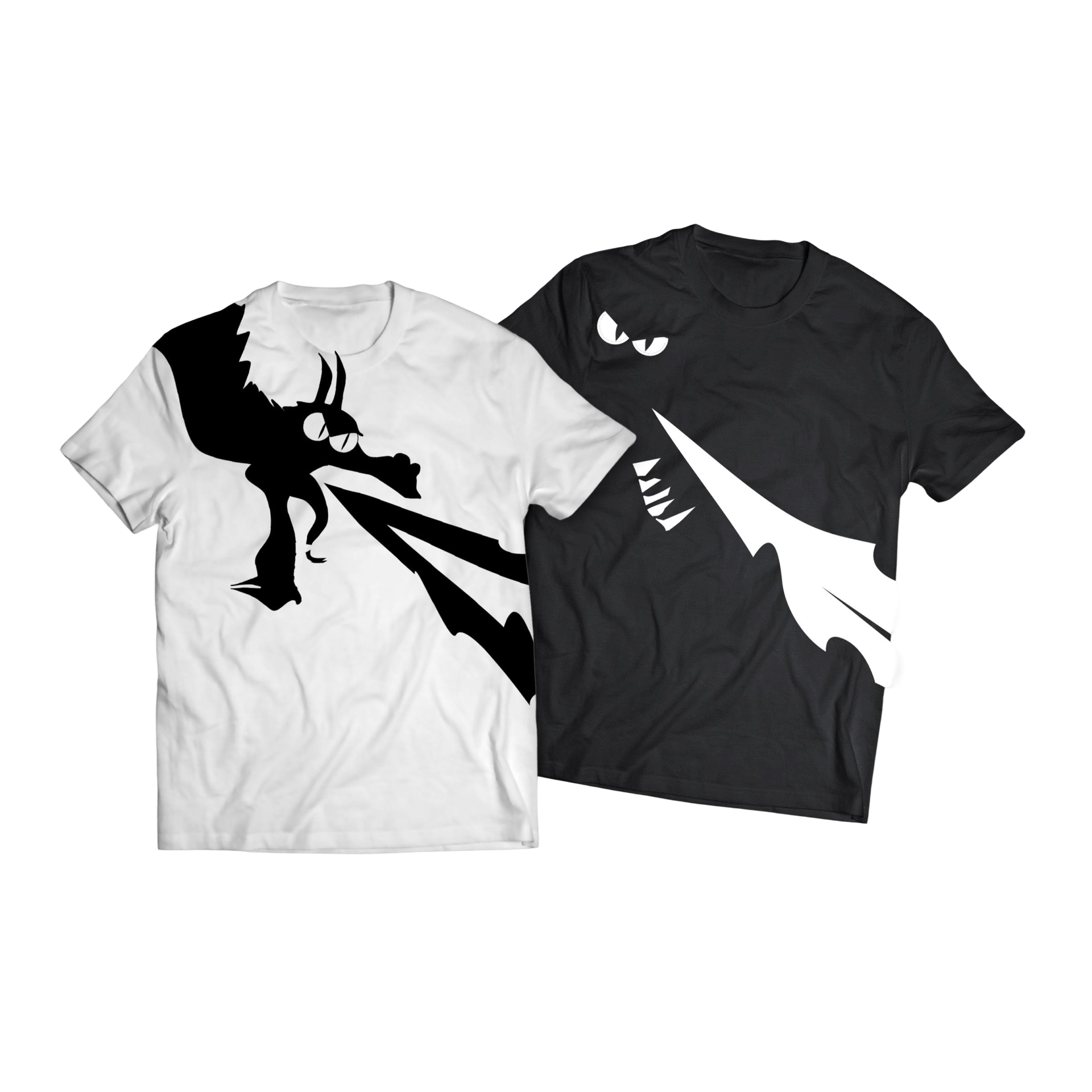Black and white t-shirts featuring Bo character and eyes mockup