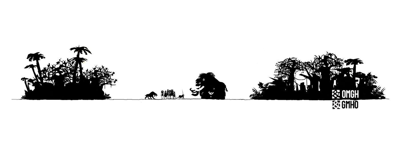 Bo with prehistoric hunters facing a giant mammoth on the savannah