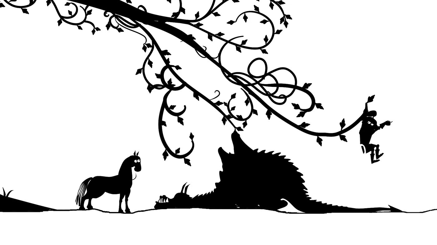 Bo in a medieval forest with a curious horse and tangled vines